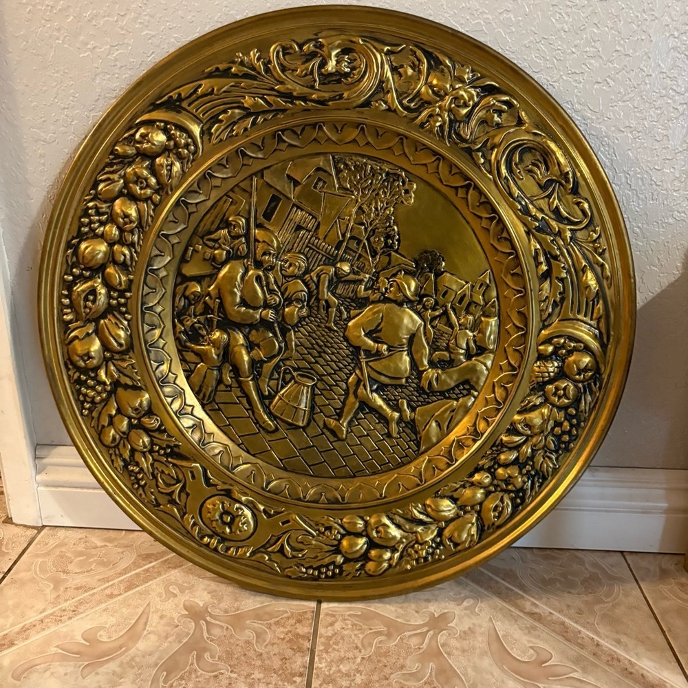 Vintage Brass Large Embossed Wall Plaque England Festival Pub Decor Village MCM